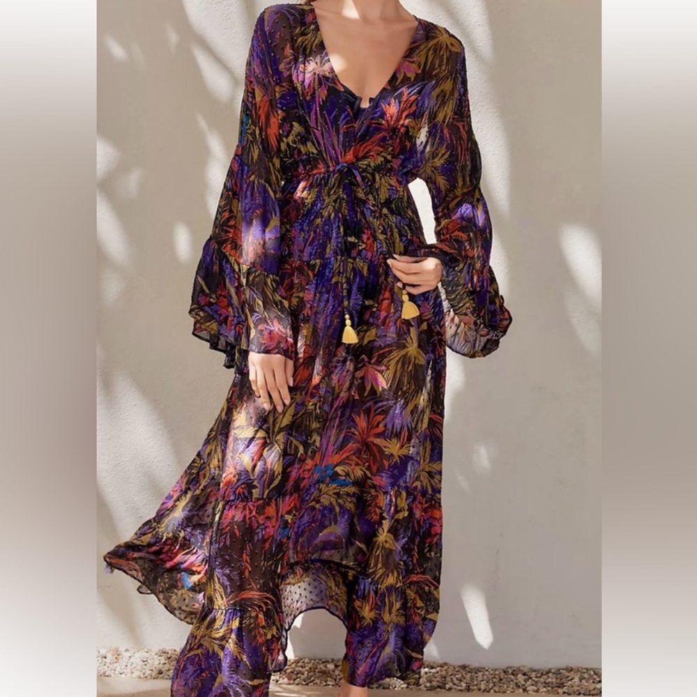 ANTHROPOLOGIE, gently used long sleeves sheer romantic maxi dress size M